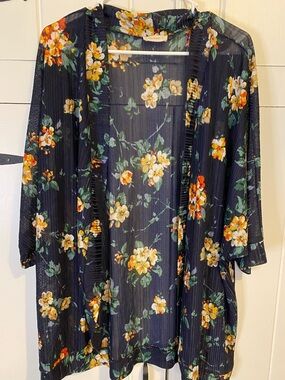 Crescent Navy Floral Tunic Length Kimono. Micro Rib Poly/Spandex Blend. 2X.